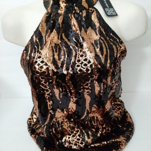 Cable & Gauge Black Gold Sequin Halter Top XS - Picture 4 of 13